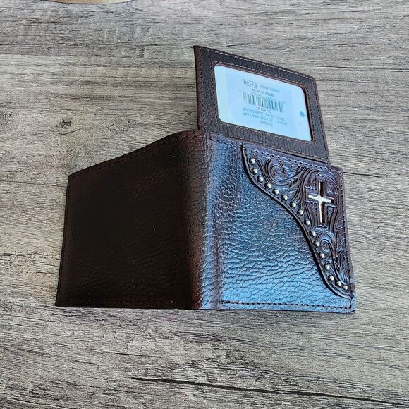 Western Dark Brown Leather Bifold Wallet Cowhide Inlay Cross Silver Stud Accent - Picture 6 of 13
